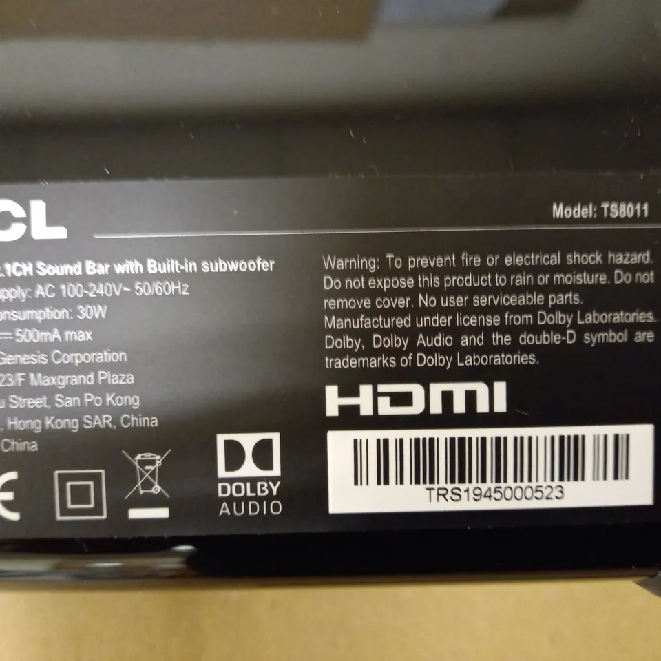 TCL TS8011 2.1 CHANNEL SOUND BAR WITH BUILT-IN SUBWOOFER