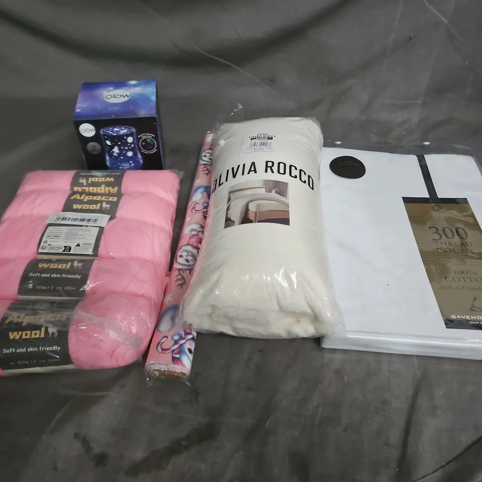 BOX OF APPROXIMATELY 12 ASSORTED HOUSEHOLD ITEMS TO INCLUDE - YARN - SPACE STAR LIGHT - OLIVIA ROCCO DEEP FITTED SHEET SIZE KING - ETC