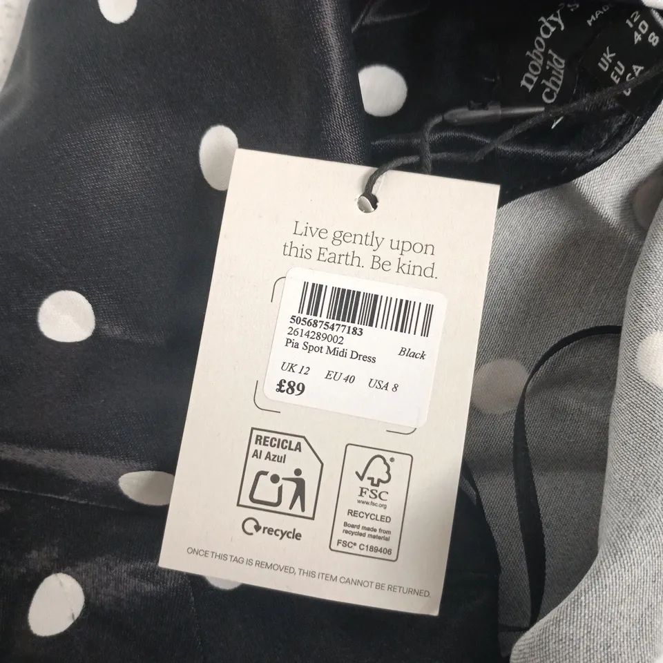 NOBODY'S CHILD PIA SPOT MIDI DRESS - BLACK WITH WHITE POLKA DOTS (UK 12 / EU 40 / USA 8)