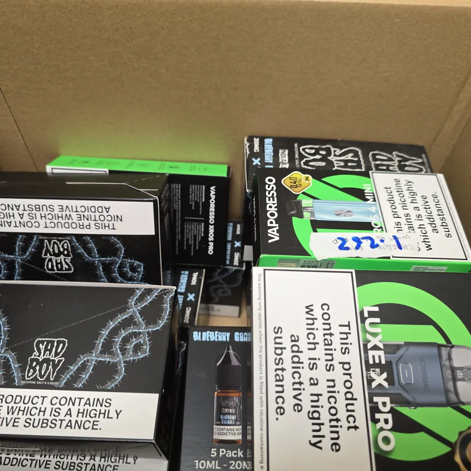 BOX OF APPROXIMATELY 12 ASSORTED E-CIGARETTES PRODUCTS TO INCLUDE - SAD BOY NOLA LINE BLUEBERRY GRANOLA , VAPORESSO , VOOPOO