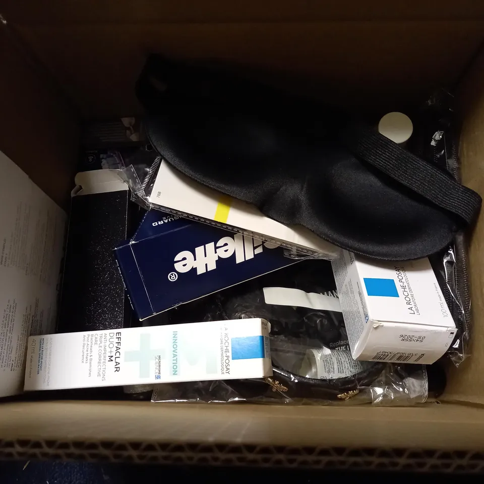 BOX OF APPROXIMATELY 20 ASSORTED COSMETIC ITEMS TO INCLUDE SKIN CLEARING TONER, L'OCCITANE SET, MAX IMPACT MASCARA ETC