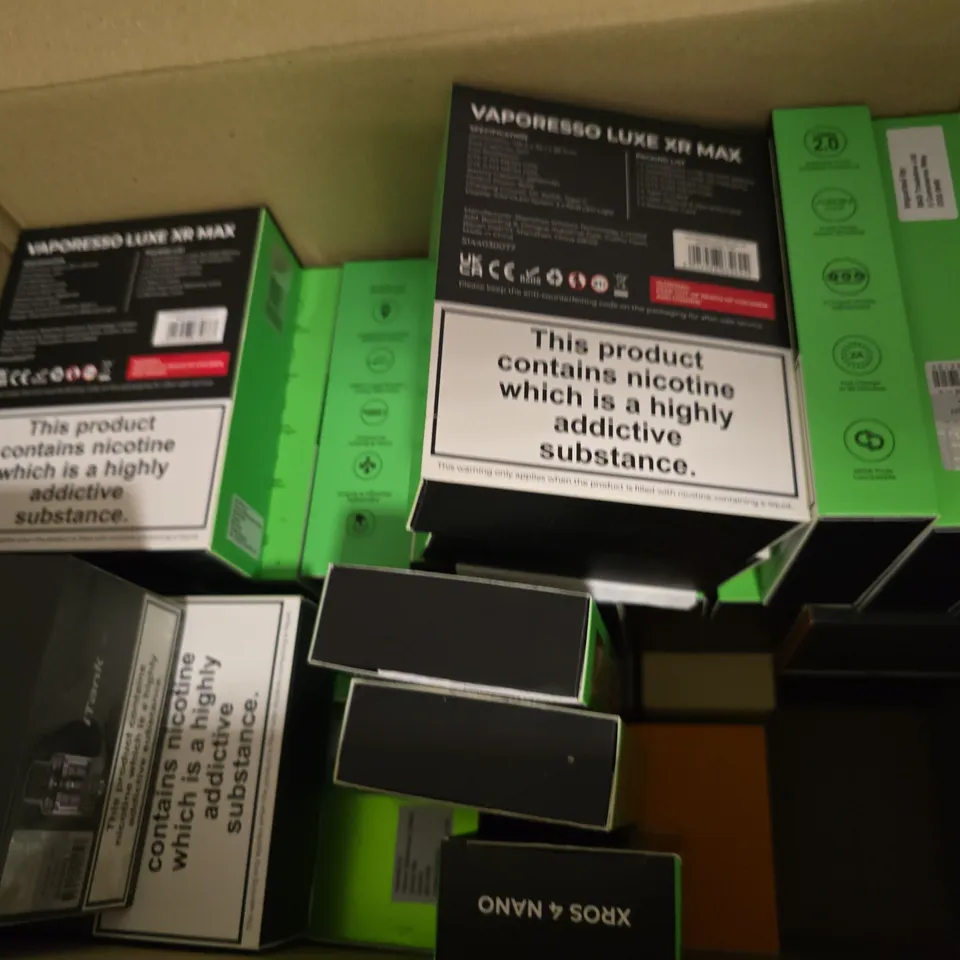 BOX OF APPROXIMATELY 18 ASSORTED E-CIGARETTES PRODUCTS TO INCLUDE -GEEK VAPE , VAPORESSO
