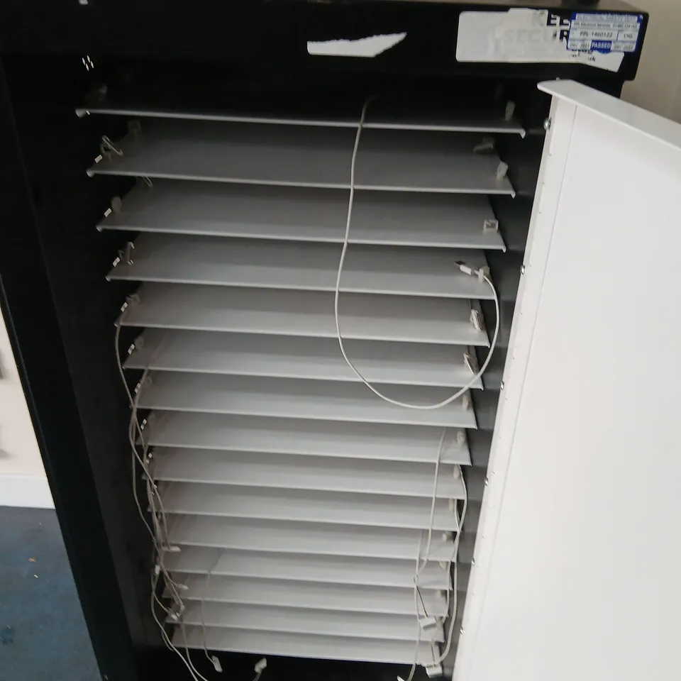 TALL OFFICE EQUIPMENT CHARGING CABINET WITH MULTIPLE INTERNAL SHELVES ON CASTERS (BLACK/WHITE)