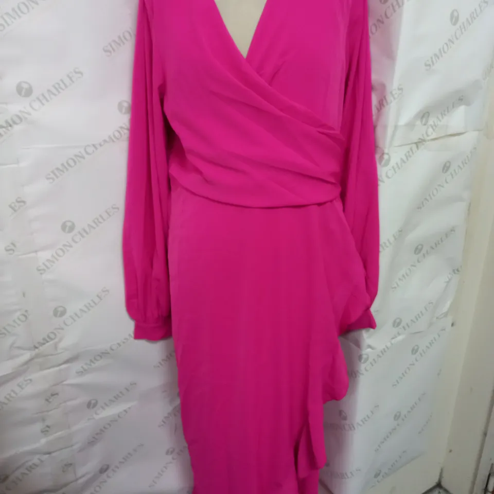GIRL IN MIND ELEA PLEATED WRAP DRESS WITH FRILL SKIRT DETAILING IN PINK SIZE 14
