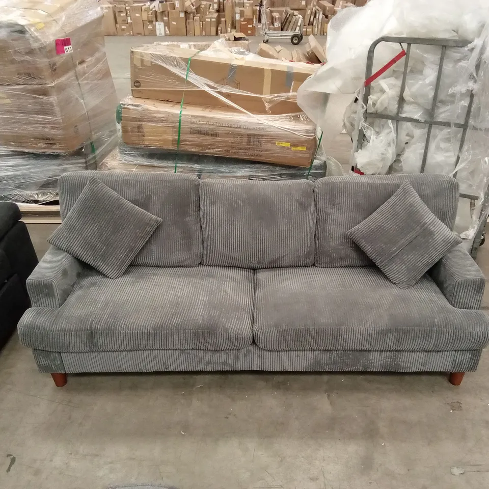 DESIGNER 3 SEATER CORDUROY FABRIC SOFA - GREY