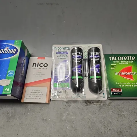 BOX OF APPROXIMATELY 15 ASSORTED NICOTINE ITEMS TO INCLUDE - NICORETTE MOUTH SPRAY , NICORETTE INVISIPATCH , NICOTINELL MINT COMPRESSED LOZENGE ETC