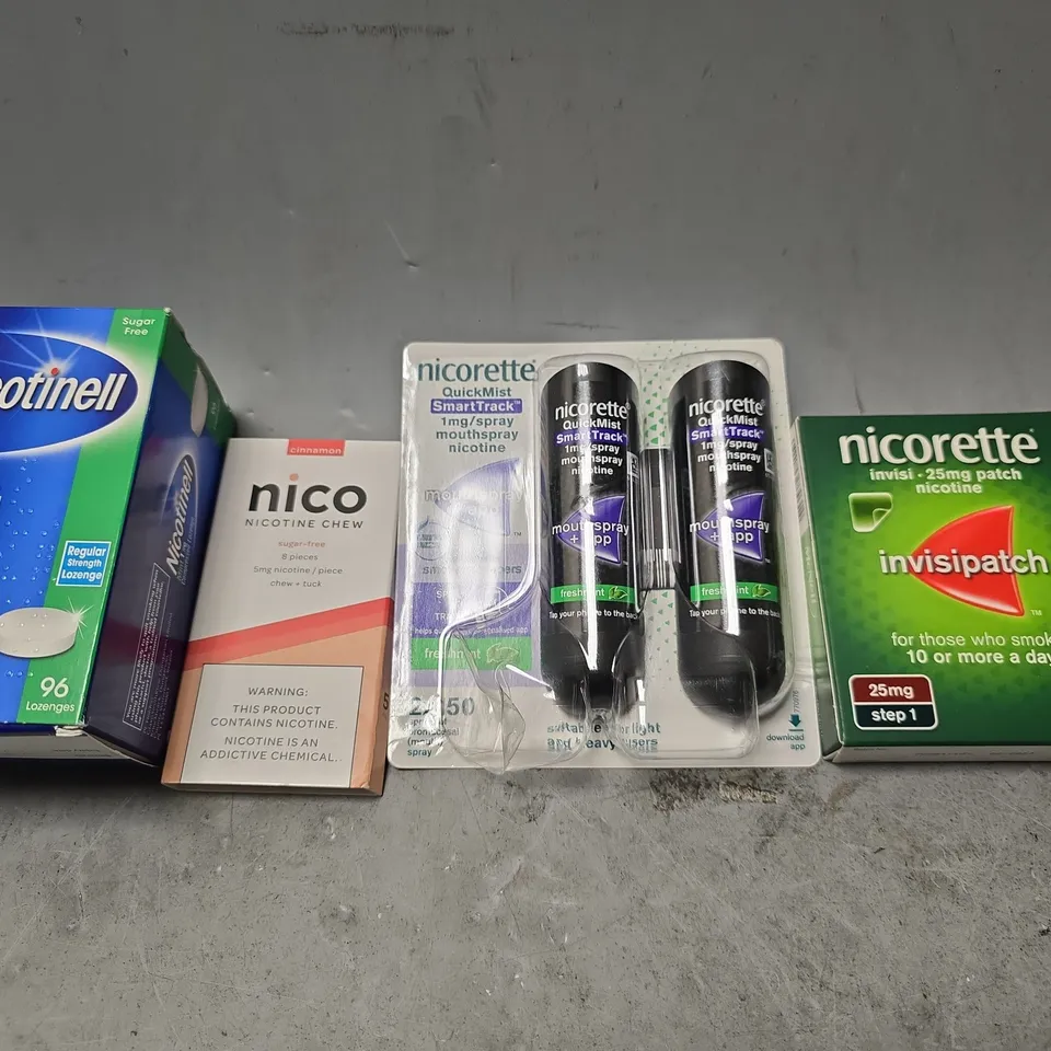 BOX OF APPROXIMATELY 15 ASSORTED NICOTINE ITEMS TO INCLUDE - NICORETTE MOUTH SPRAY , NICORETTE INVISIPATCH , NICOTINELL MINT COMPRESSED LOZENGE ETC
