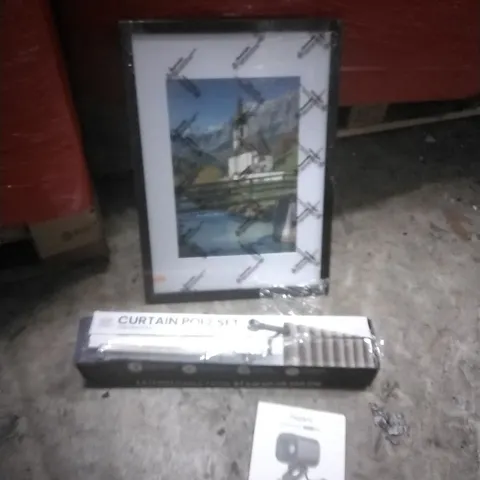 PALLET OF ASSORTED ITEMS TO INCLUDE; CAMERA HUB, PICTURE DECOR, CURTAIN POLE SET 