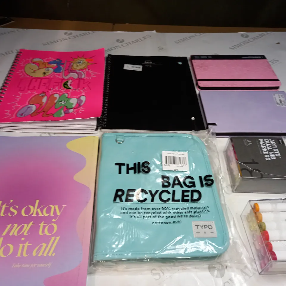 MEDIUM BOX OF ASSORTED HOUSEHOLD ITEMS TOO INCLUDE NOTEBOOKS , PENCIL CASES AND SHARPIES 