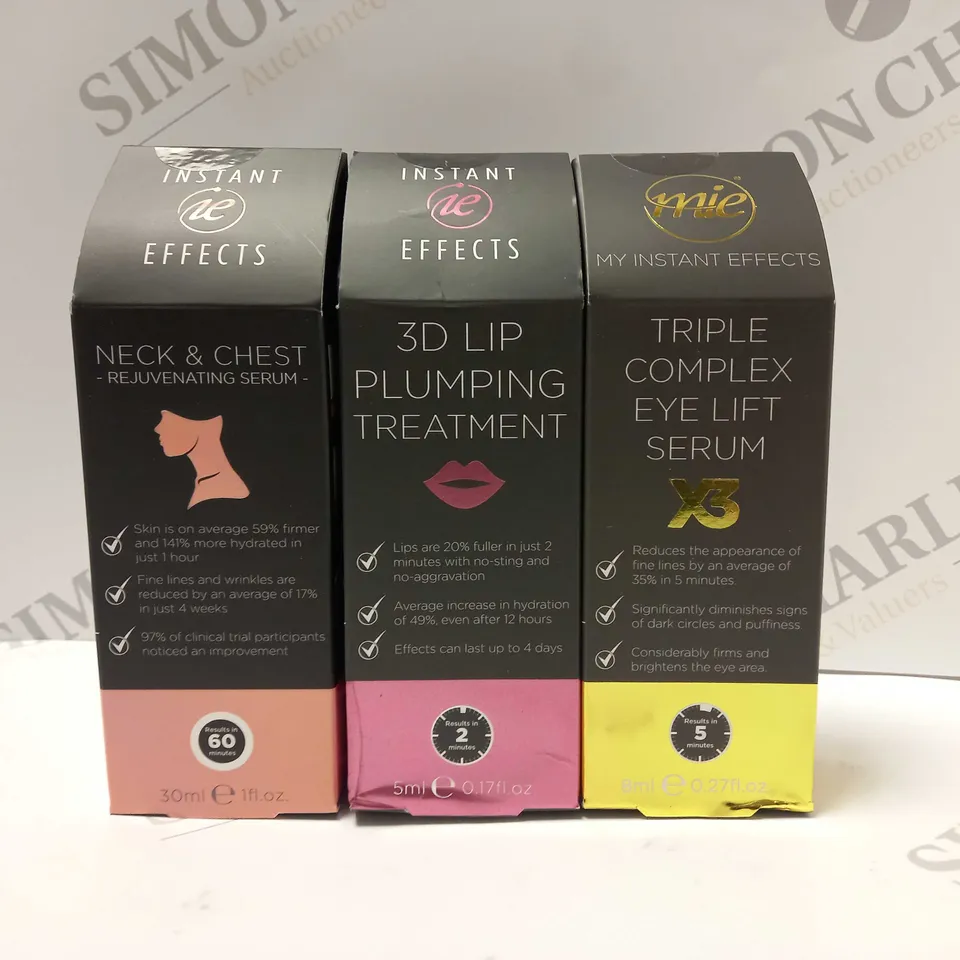 BOX OF 3 ASSORTED PRODUCTS TO INCLUDE INSTANT EFFECTS NECK/CHEST SERUM, 3D PLUMPING TREATMENT, TRIPLE COMPLEX EYE LIFT SERUM 