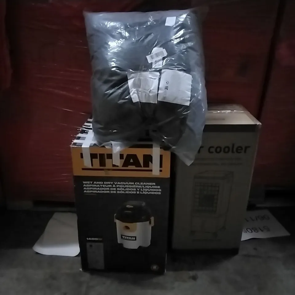 PALLET OF ASSORTED PRODUCTS AND HOUSEHOLD GOODS TO INCLUDE;AIR COOLER,TITAN VACUUM CLEANER,DOG BED