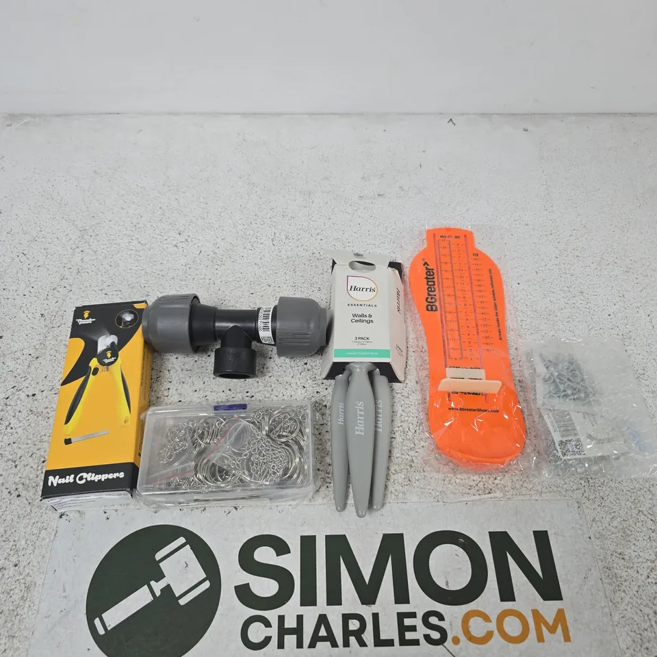 APPROXIMATELY 20 ASSORTED ITEMS INCLUDING THUNDER PAWS NAIL CLIPPERS, HARRIS WALLS AND CEILINGS PAINT BRUSHES AND A FOOT MEASURER