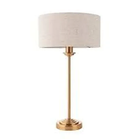 BOXED LUMINOSA HIGHCLERE TABLE LAMP WITH ROUND SHADE VINTAGE BRASS, NATURAL LINEN, 1X E14