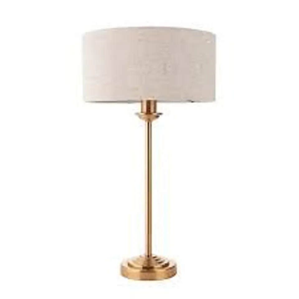 BOXED LUMINOSA HIGHCLERE TABLE LAMP WITH ROUND SHADE VINTAGE BRASS, NATURAL LINEN, 1X E14