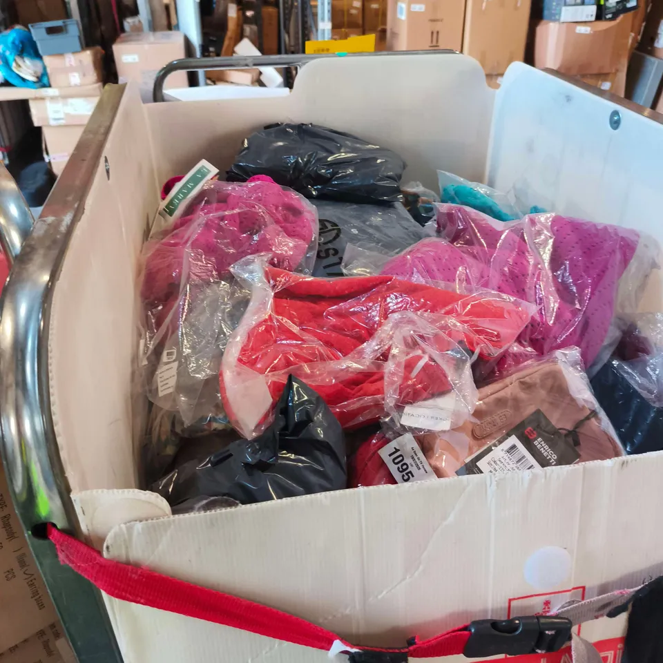 PALLET OF APPROXIMATELY 6 X 2 PACK GRAVITY CHAIRS AND 2 CAGES OF APPROXIMATELY 100 ASSORTED ITEMS INCLUDING WOMENS KNITWEAR , LA MAREY KNITTED JUMPER , EMPTY RING BOXES AND FOLDING ELECTRICAL TREADMIL