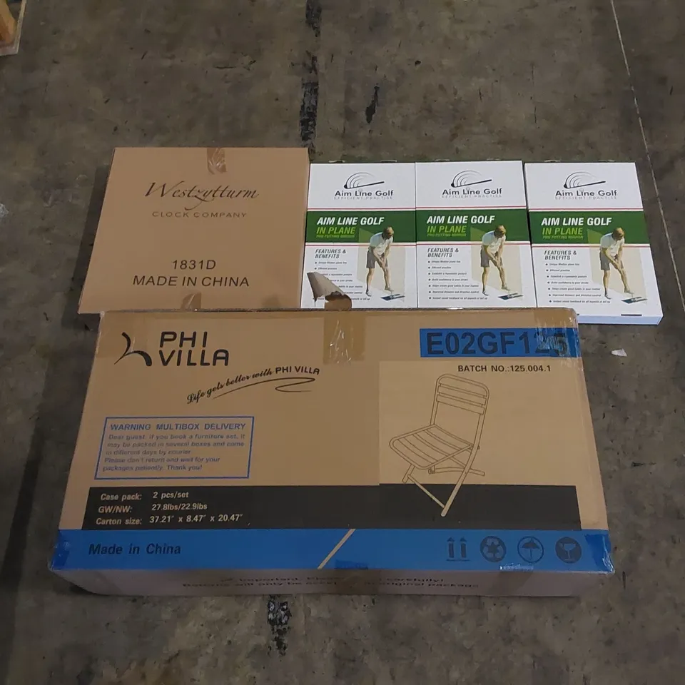 PALLET TO CONTAIN ASSORTED HOUSEHOLD ITEMS AND CONSUMER PRODUCTS. INCLUDING A LARGE NUMBER OF CHAIRS AND GOLF PRO PUTTING MIRRORS ETC