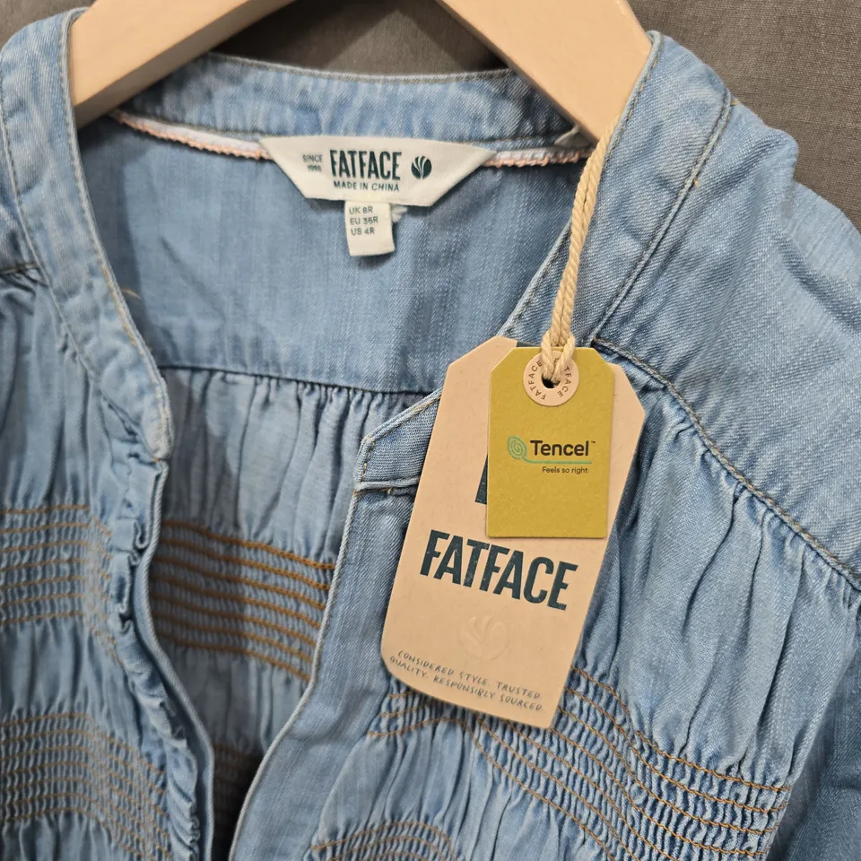 FATFACE DENIM DRESS WITH SMOCKED BODICE, PUFF SLEEVES – UK 8R