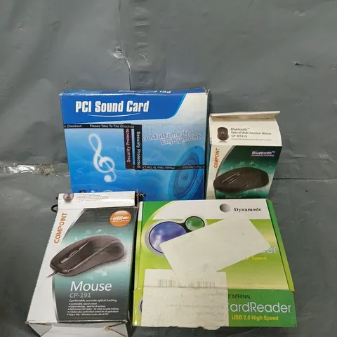 BOX OF ASSORTED ITEMS TO INCLUDE MOUSES, SOUND CARDS AND CARD READER