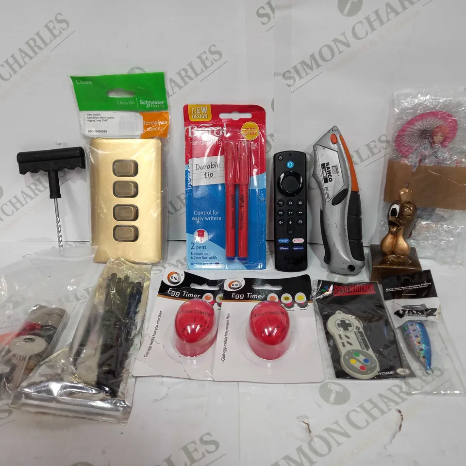 BOX TO CONTAIN APPROX 25 X ASSORTED HOME PRODUCTS, EGG TIMERS, SWITCHES, FISHING PRODUCT, REMOTE, KNIFE ETC