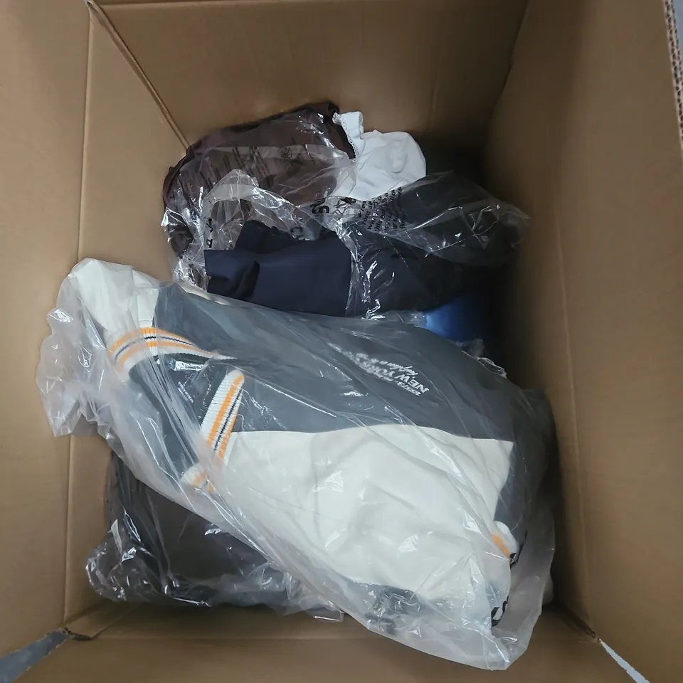 BOX OF APPROXIMATELY 25 ASSORTED CLOTHING ITEMS TO INCLUDE BLACK HOODIE, BLUE POLO SHIRT, BLACK SEQUIN TROUSERS, BLACK LEGGINGS ETC