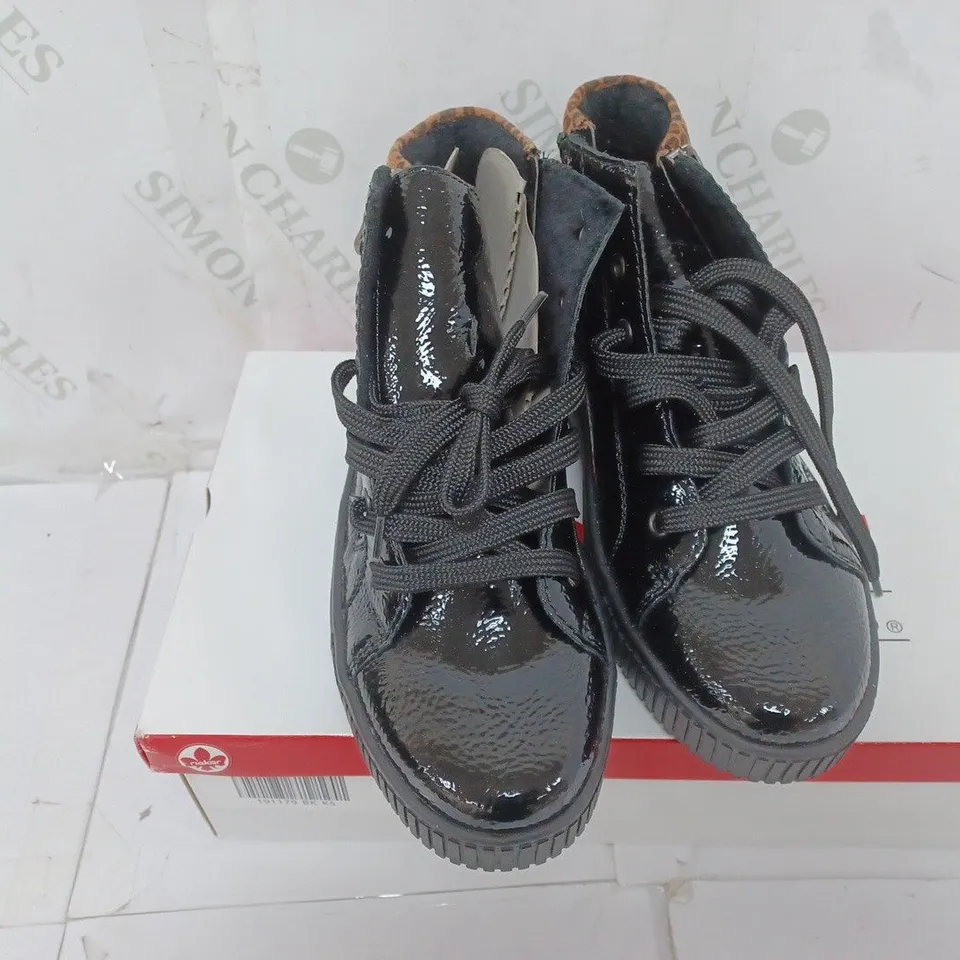 BOXED PAIR OF RIEKER HIGH TOP LEOPARD CUFF TRAINERS BLACK SIZE 5