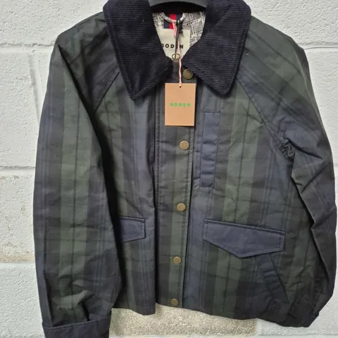 BODEN PLAID JACKET WITH CORDUROY COLLAR – DARK GREEN CHECK SIZE 10