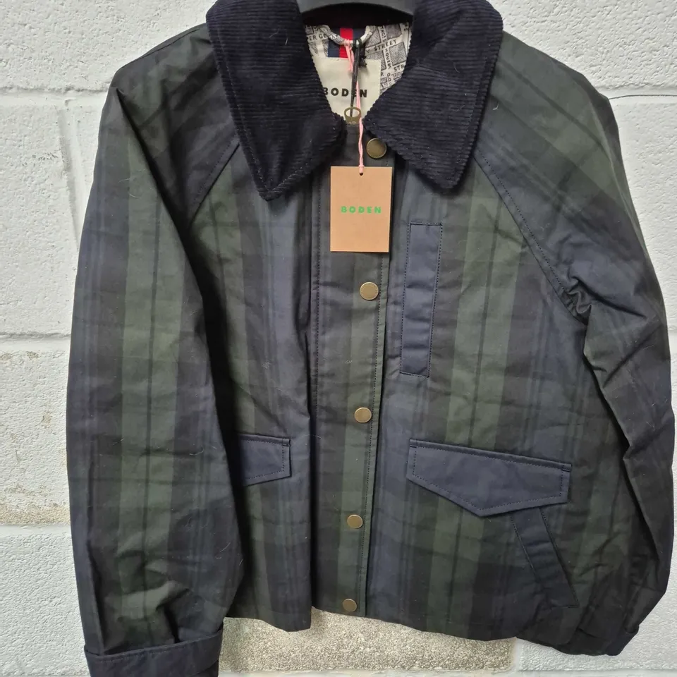BODEN PLAID JACKET WITH CORDUROY COLLAR – DARK GREEN CHECK SIZE 10