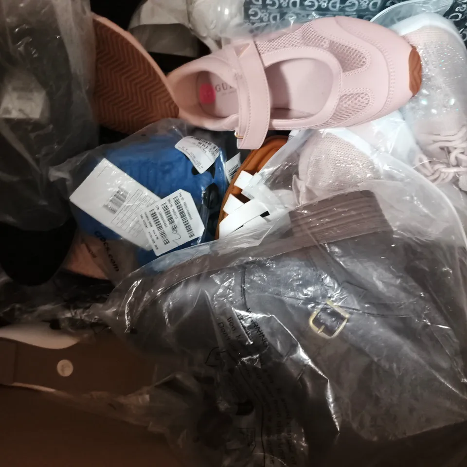 BOX OF APPROXIMATELY 15 ASSORTED PAIRS OF SHOES AND FOOTWEAR ITEMS IN VARIOUS COLOURS, STYLES, AND SIZES - COLLECTION ONLY