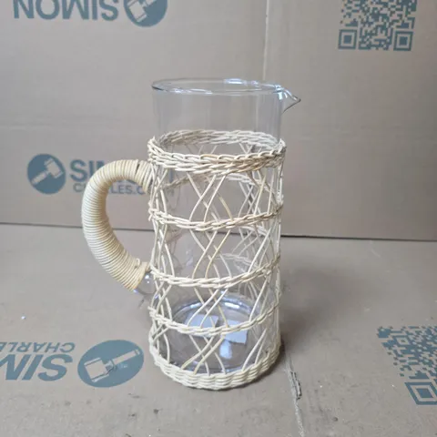 LOT OF 2 GISELA GRAHAM LARGE GLASS JUGS WITH RATTAN STYLE DECOR