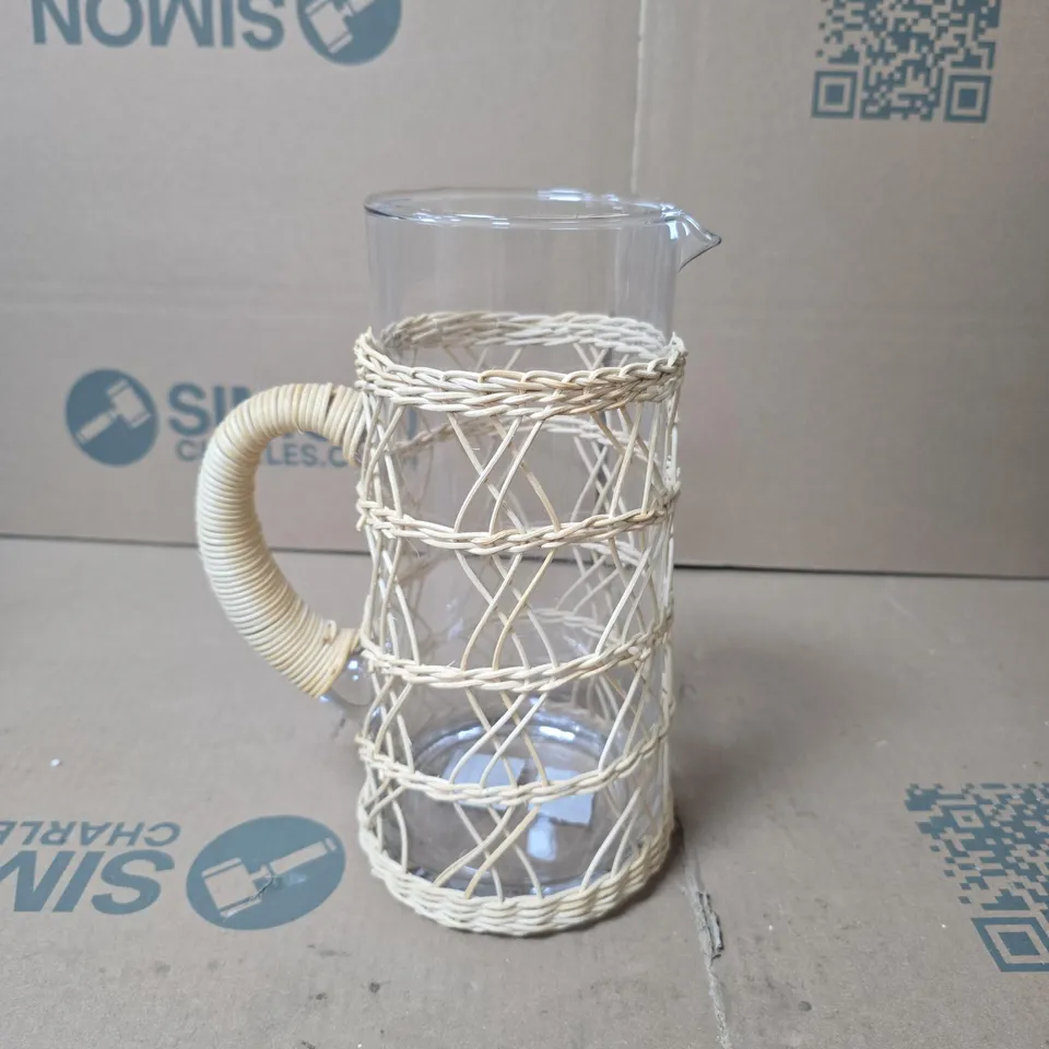 LOT OF 2 GISELA GRAHAM LARGE GLASS JUGS WITH RATTAN STYLE DECOR
