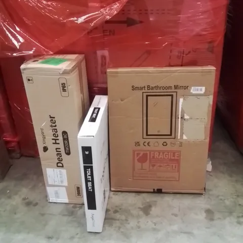 PALLET OF ASSORTED HOUSEHOLD GOODS AND PRODUCTS TO INCLUDE;TOILET SEAT,DEAN HEATER,SMART BATHROOM MIRROR