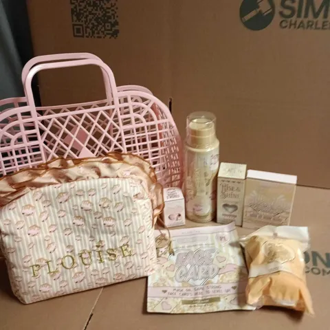 PLOUISE BEAUTY BASKET GIFT SET TO INCLUDE FACE MASK, RISE & SHINE HYALURONIC ACID SERUM AND UNDER EYE PATCHES. COMES WITH A PLUSH COSMETICS BAG