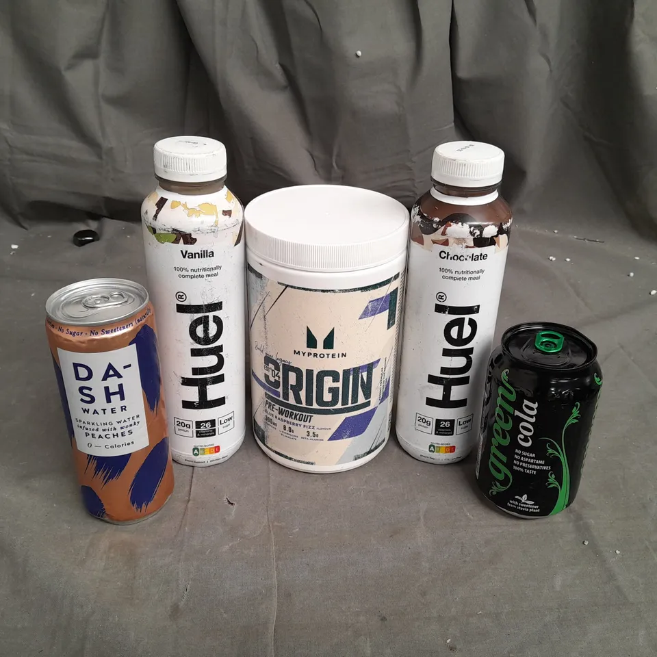 11 ASSORTED FOOD ITEMS TO INCLUDE HUEL FOOD DRINK, MY PROTEIN PRE-WORK OUT, GREEN COLA AND DA-SH SPARKLING WATER - COLLECTION ONLY