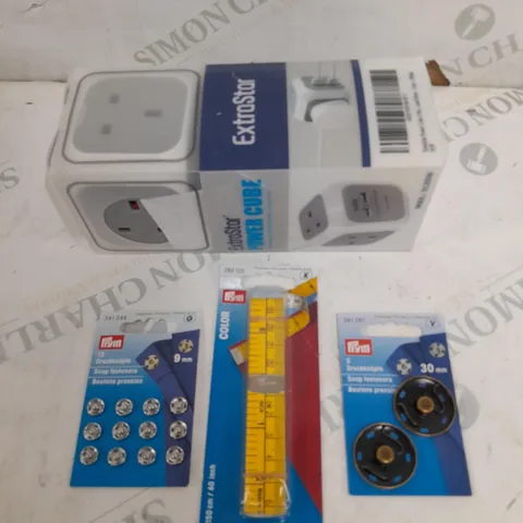 BOX OF APPROXIMATELY 15 ASSORTED ITEMS TO INCLUDE - MEASURE TAPE, POWER CUBE, SNAP FASTENERS ETC