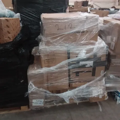 PALLET OF ASSORTED ITEMS INCLUDING ERGONOMIC CHAIR WITH COAT HANGER, ELECTRIC DISPLAY FIRE PLACE
