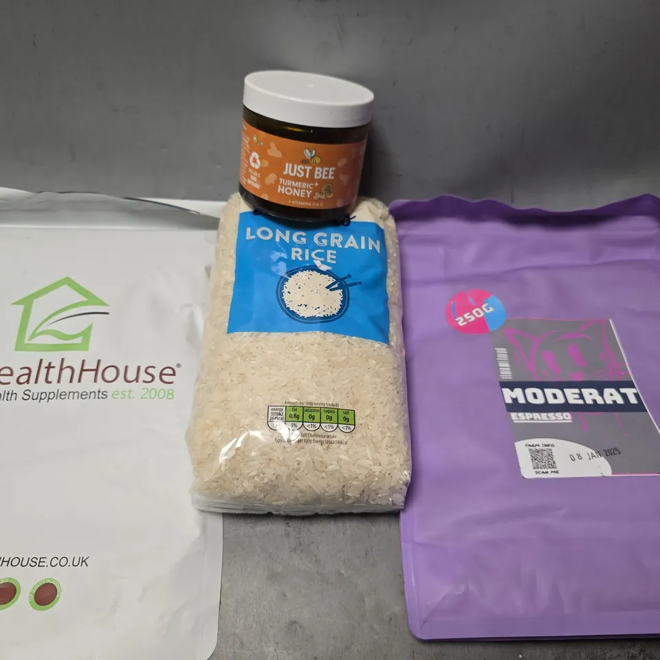 APPROXIMATELY 8 ASSORTED FOOD & DRINK ITEMS TO INCLUDE - JUST BEE , LONG GRAIN RICE , MODERAT ESPRESSO ETC