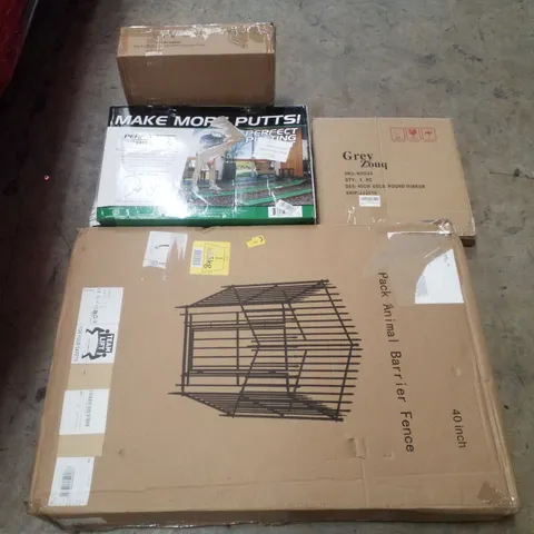 PALLET CONTAINING ASSORTED PRODUCTS INCLUDING CHAIR MOUNTED KEYBOARD TRAY, PUTTING PRACTICE GREEN, GOLD ROUND MIRROR & PACK ANIMAL BARRIER FENCE