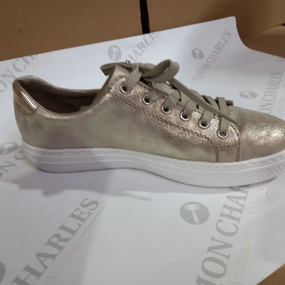 BOXED PAIR OF RIEKER GOLD METALLIC TRAINERS - SIZE 6.5