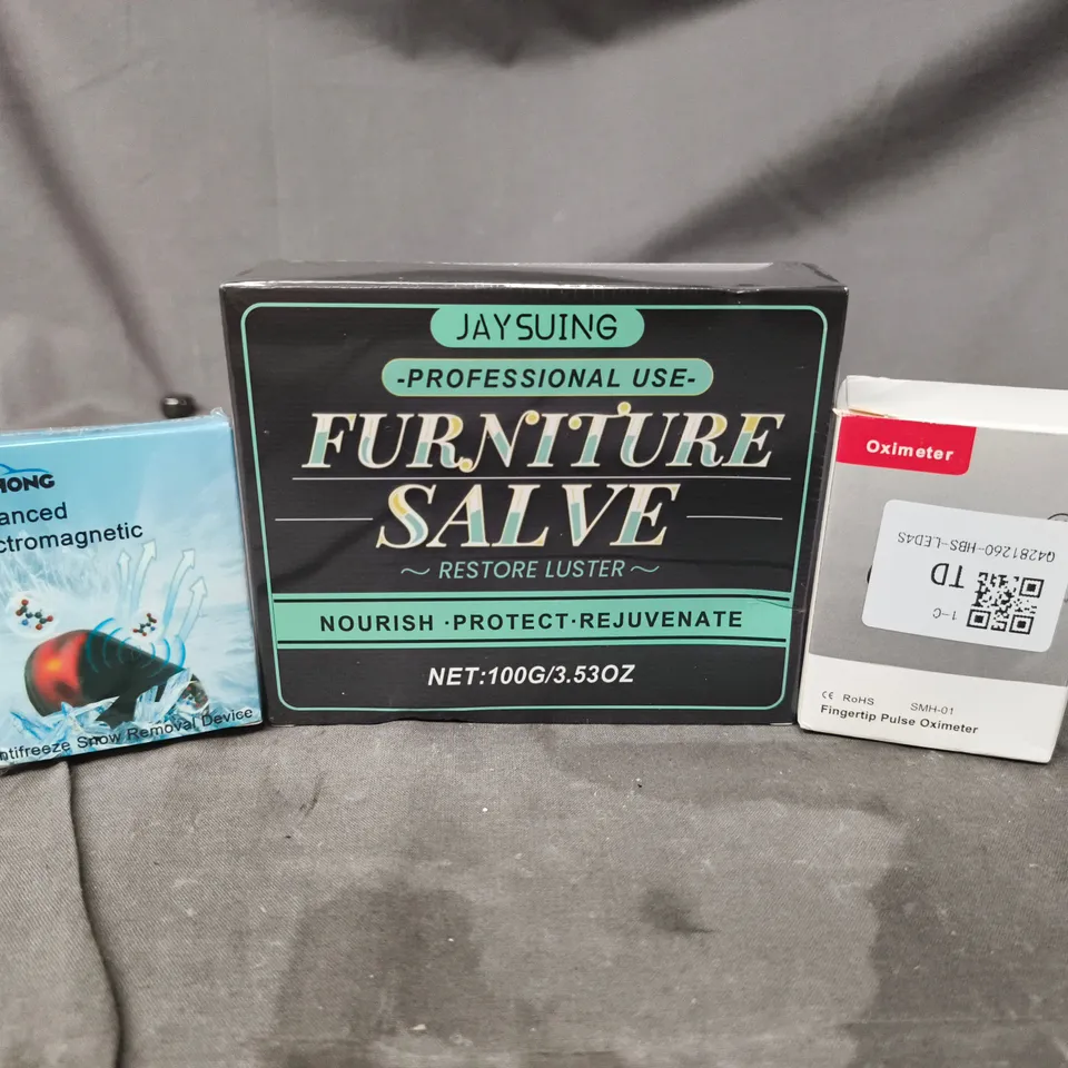 APPROXIMATELY 20 ASSORTED HOUSEHOLD ITEMS TO INCLUDE SNOW REMOVAL DEVICE, FINGERTIP PULSE OXIMETER, FURNITURE SALVE, ETC