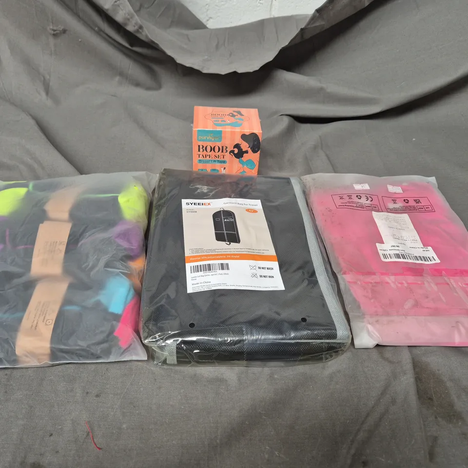 LARGE BOX OF ASSORTED ITEMS TO INCLUDE SOCKS, BOOB TAPE AND GARMENT BAG - COLLECTION ONLY