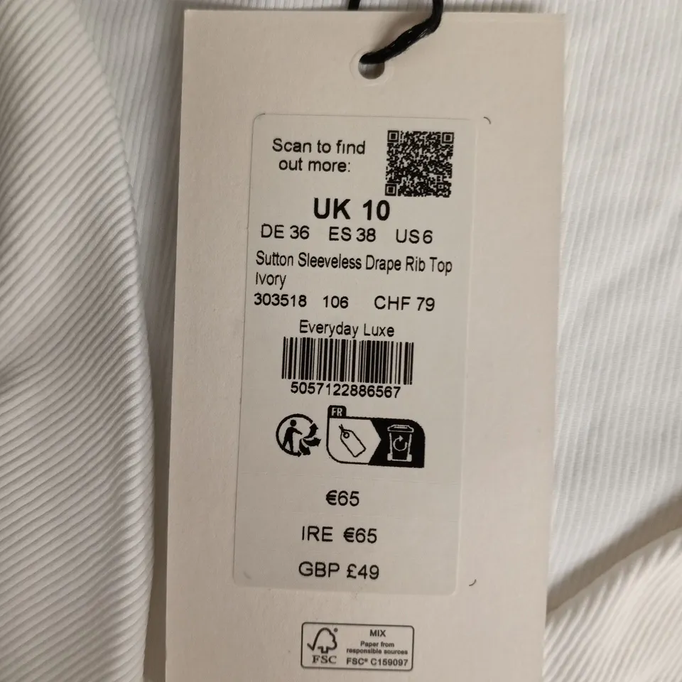 PHASE EIGHT SUTTON SLEEVELESS DRAPE RIB TOP – IVORY, UK 10