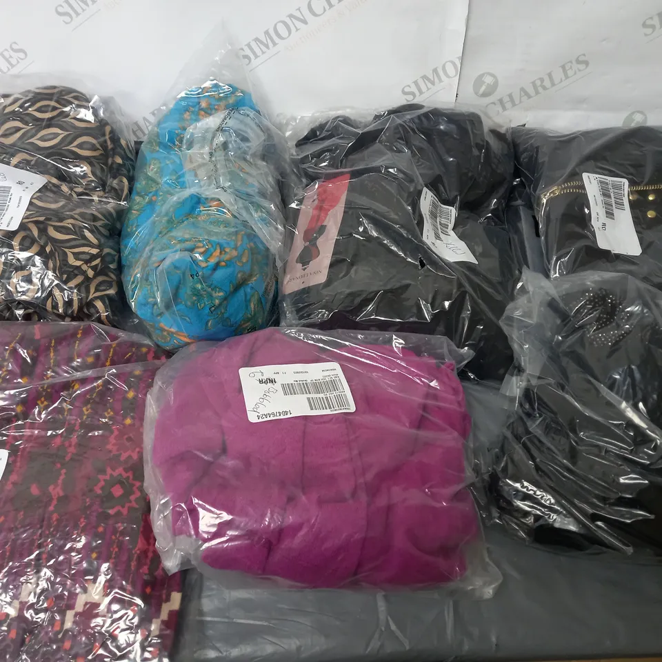 BOX OF ASSORTED CLOTHING ITEMS TOO INCLUDE TOPS , JUMPERS, AND PANTS ETC. 