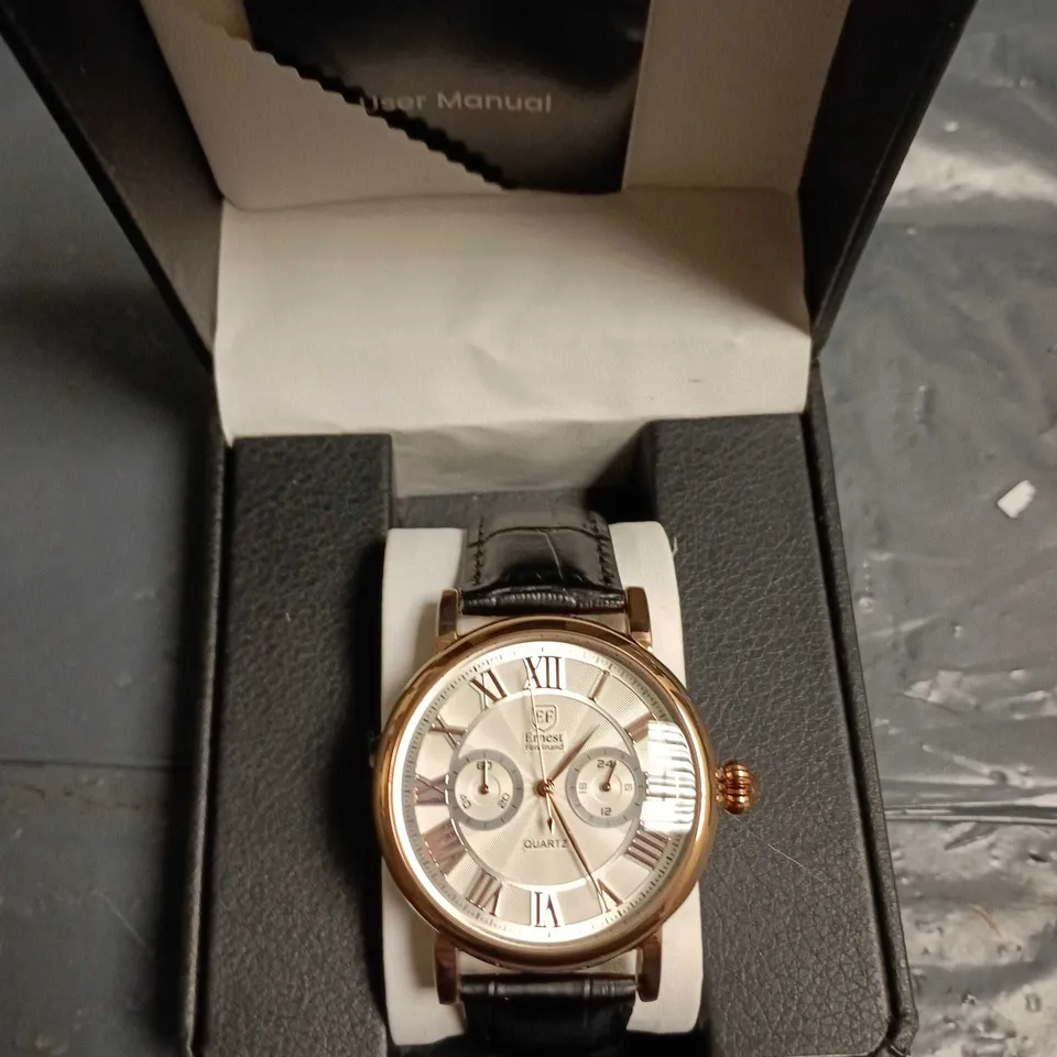 ERNEST FERDINAND ROSE GOLD TONE WRISTWATCH – BLACK LEATHER STRAP (QUARTZ) – BOXED