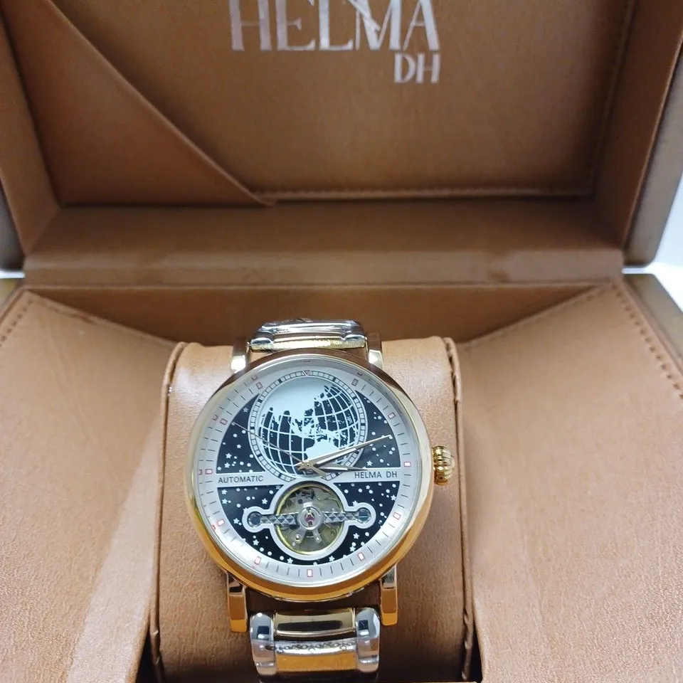MEN’S HELMA DH AUTOMATIC WORLD VIEW WATCH – TOURBILLON MOVEMENT – BLUE DIAL – STAINLESS STEEL STRAP  – LEATHER STRAP
