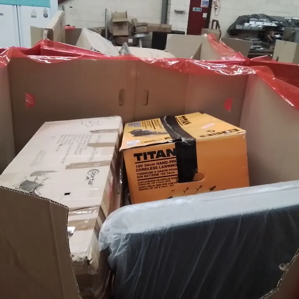 PALLET OF ASSORTED HOUSEHOLD GOODS AND PRODUCTS TO INCLUDE;PRESSURE WASHER,PLAYPEN,EXERCISE BIKE 