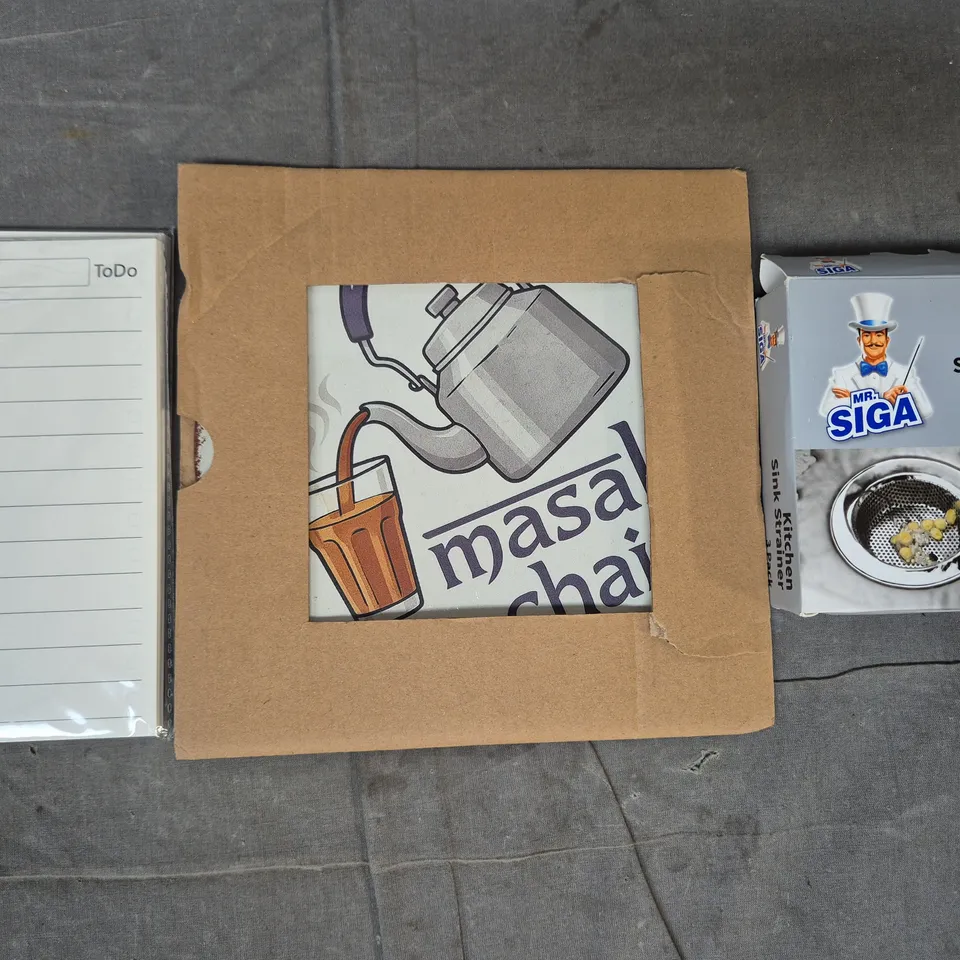 APPROXIMATELY 8 ASSORTED HOUSEHOLD ITEMS TO INCLUDE TO DO LISTS, KITCHEN SINK STRAINER, ETC