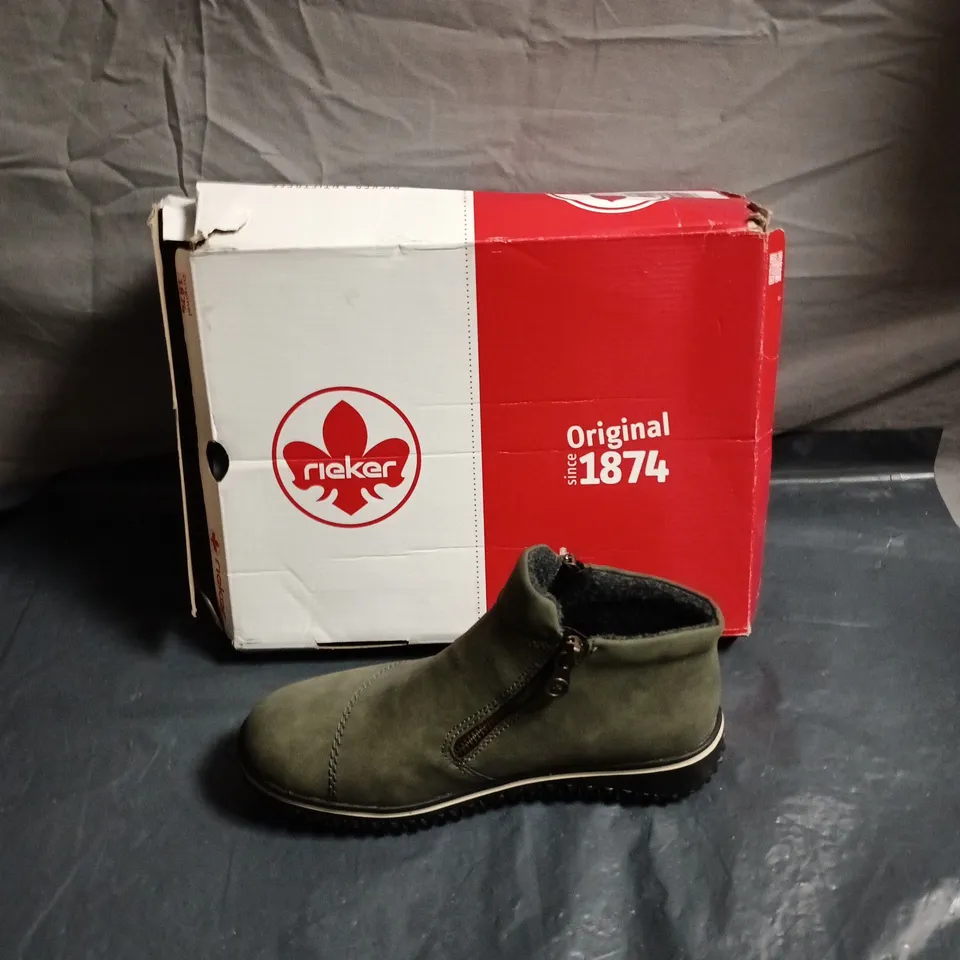RIEKER OLIVE GREEN SUEDE WOMEN'S ANKLE BOOTS - BOXED - SIZE EUR 37 