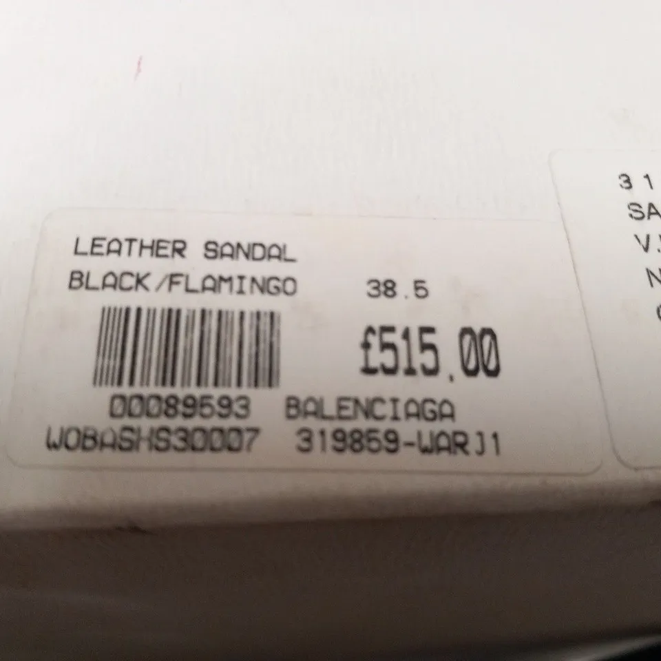 BOXED PAIR OF BALENCIAGA BLACK/FLAMINGO LEATHER SANDAL SIZE 38.5
