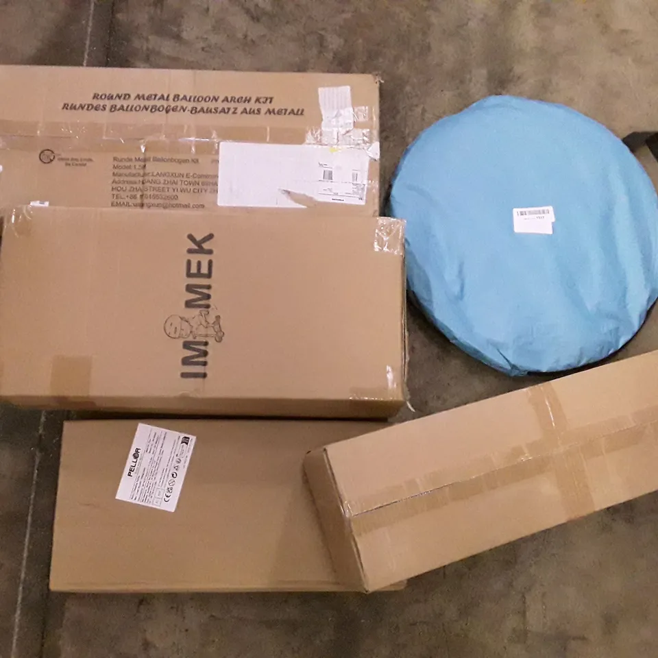 PALLET OF ASSORTED PRODUCTS INCLUDING POP UP TENT, ROUND METAL BALLOON ARCH KIT, IMMEK KIDS SCOOTER, HANGING SWING
