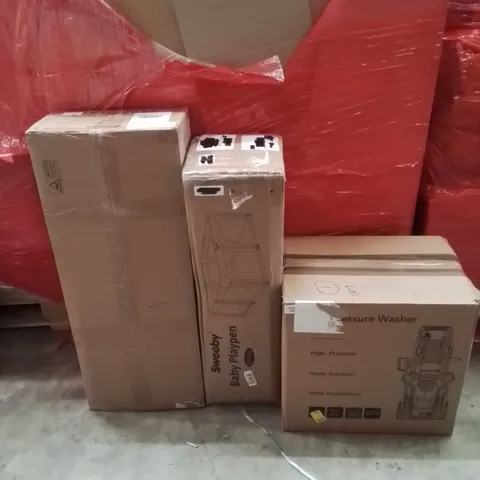 PALLET OF ASSORTED HOUSEHOLD GOODS AND PRODUCTS TO INCLUDE;PRESSURE WASHER,PLAYPEN,EXERCISE BIKE 